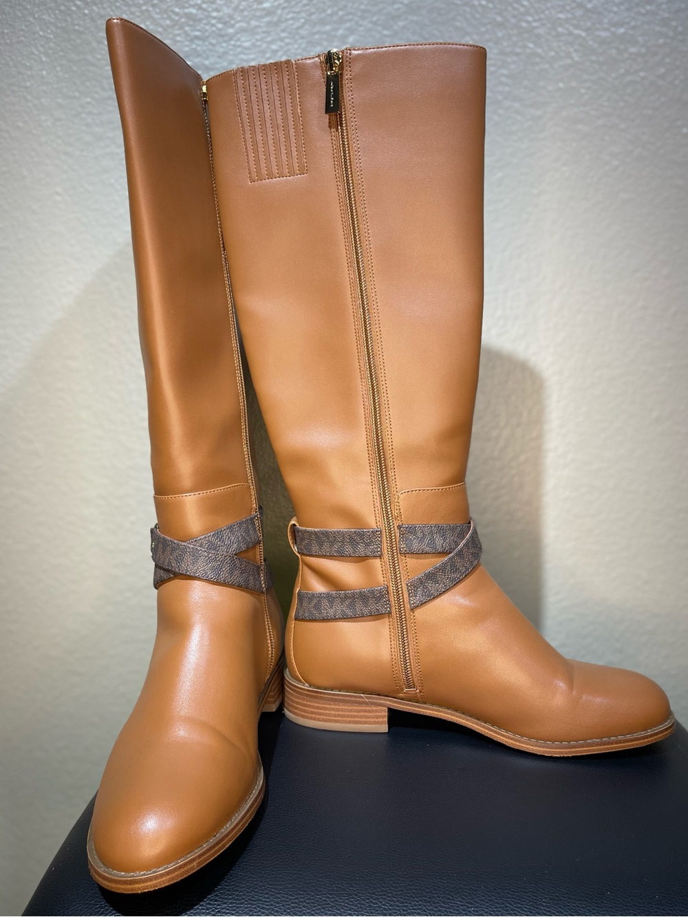 Michael Kors Camel Leather Over-the-Knee Boots with Logo-Strap - Picture 2 of 7